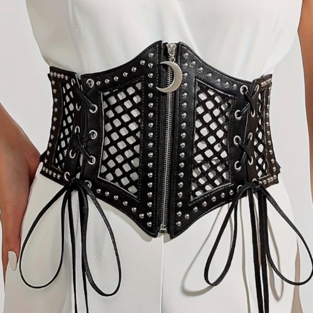 Gothic Women's Elastic Lace Up Waist Y2K Fishnet Vintage Moon Mesh Corset Belt